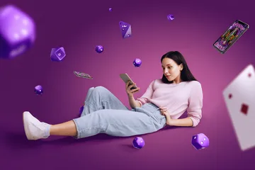 8E88VIP Slots — Thousands of thrilling machines await A woman smiling by bright slot machines showing lucky symbols, showcasing the exciting slot offerings at 8E88VIP.